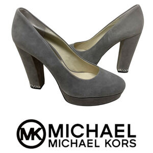 New Michael Kors Sabrina Steel Gray Suede Platform Pumps Sz 8.5 Chain Detail NWT
